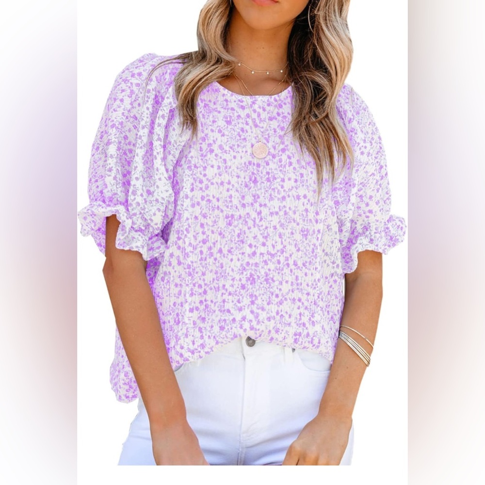 New Dokotoo Floral Print Blouses for Women Crewneck Smocked Puff